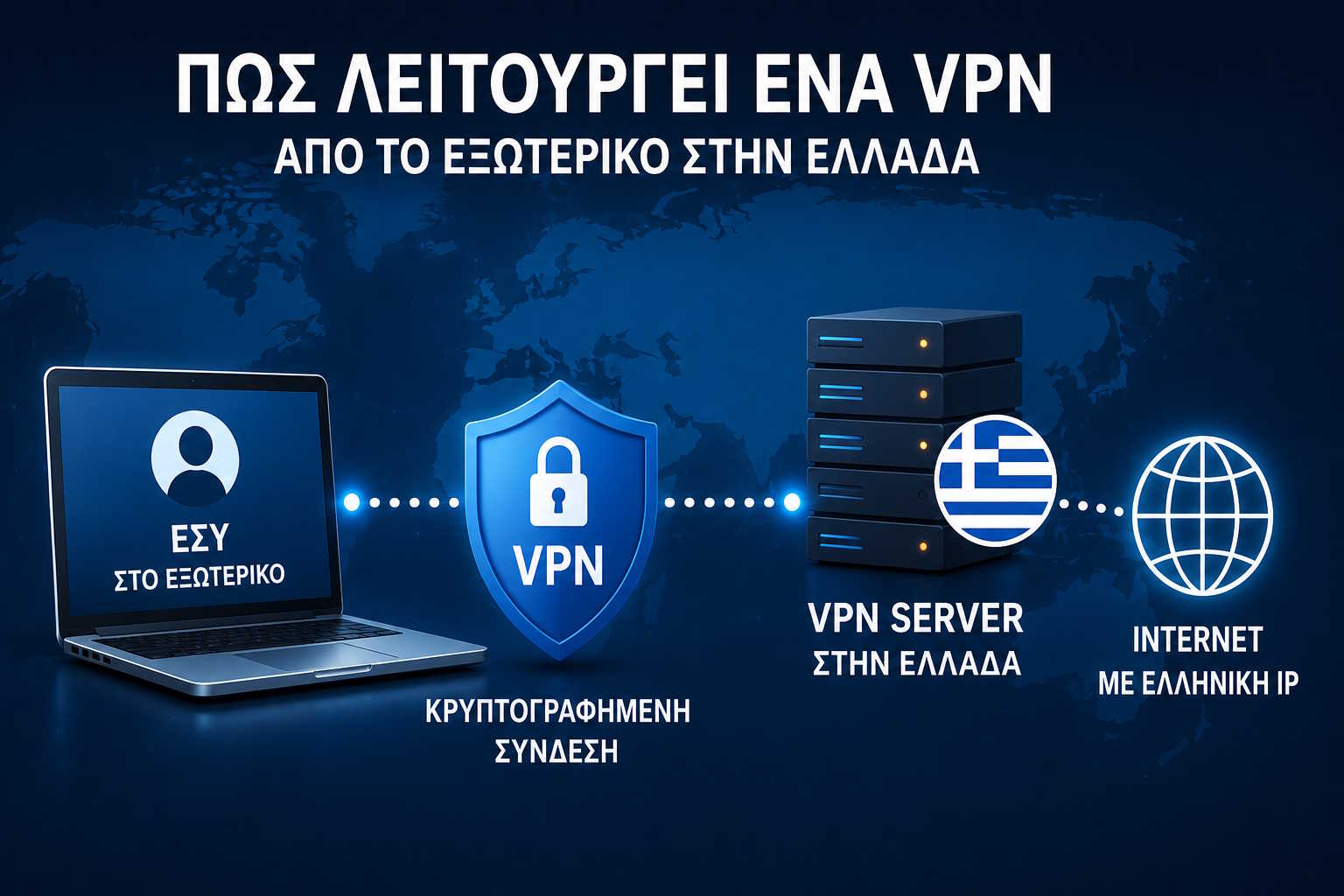Διάγραμμα λειτουργίας VPN από το εξωτερικό προς Ελληνικό server - κρυπτογραφημένη σύνδεση μέχρι το VPN Server στην Ελλάδα και έξοδος στο Internet με Ελληνική IP
