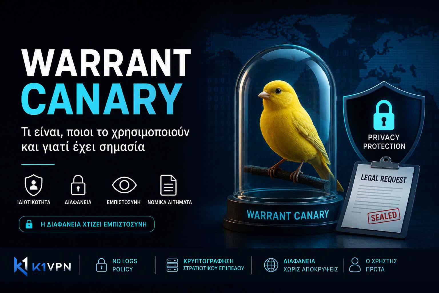 Warrant Canary - καναρίνι μέσα σε γυάλινο θόλο δίπλα σε σφραγισμένο νομικό αίτημα, σύμβολο διαφάνειας και προστασίας απορρήτου