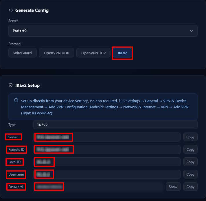 Στοιχεία σύνδεσης IKEv2 στο dashboard K1VPN