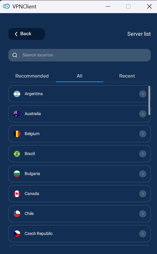 Εφαρμογή K1VPN - λίστα διαθέσιμων server