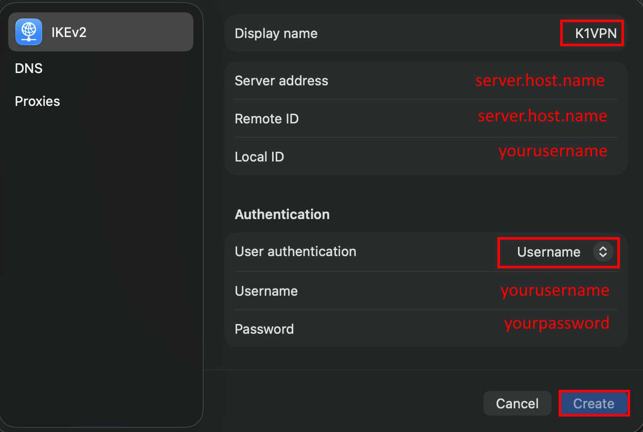 Κάρτα ρύθμισης IKEv2 στο macOS