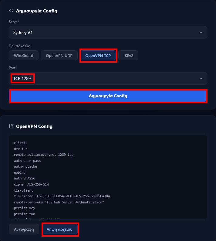 Ρυθμίσεις OpenVPN® στο dashboard - κουμπί DOWNLOAD