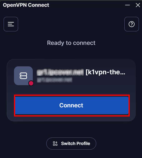 OpenVPN® Connect - οθόνη σύνδεσης με server