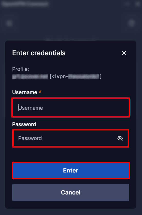 OpenVPN® Connect - εισαγωγή username και password