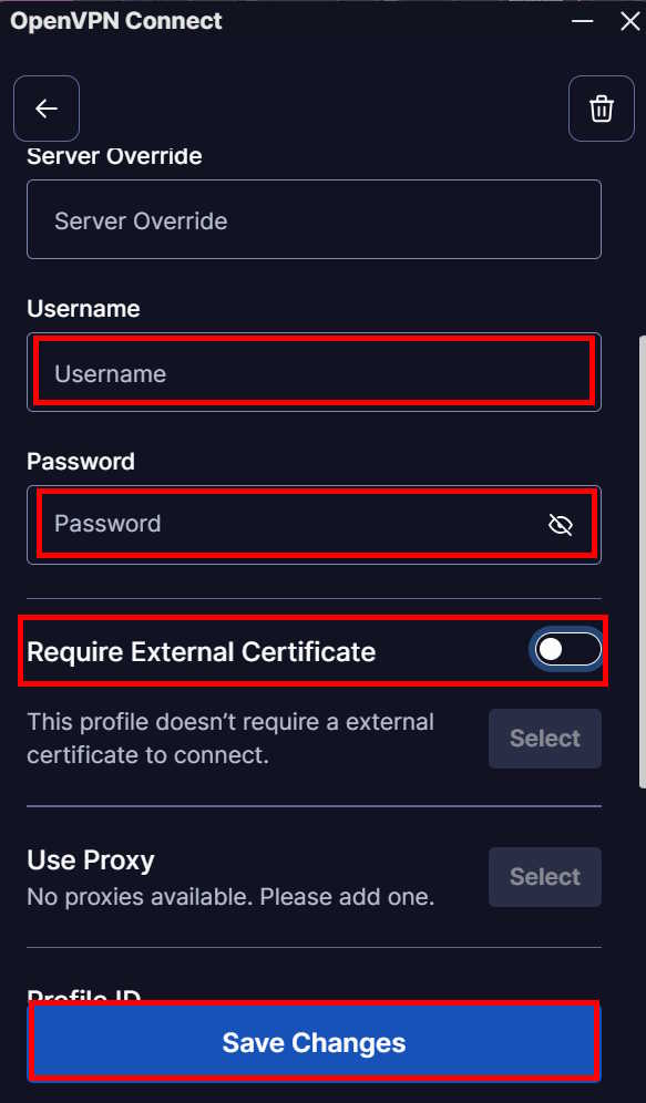 OpenVPN® Connect - αποεπιλογή Require External Certificate και SAVE
