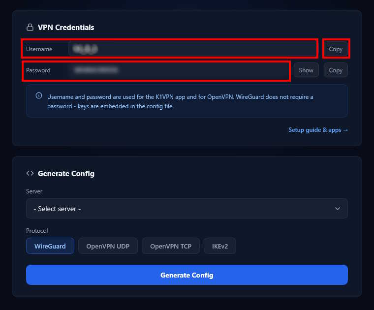 Στοιχεία σύνδεσης VPN στο dashboard K1VPN
