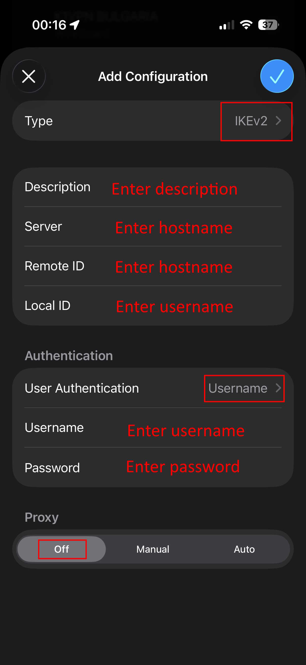 Κάρτα ρύθμισης IKEv2 στο iOS