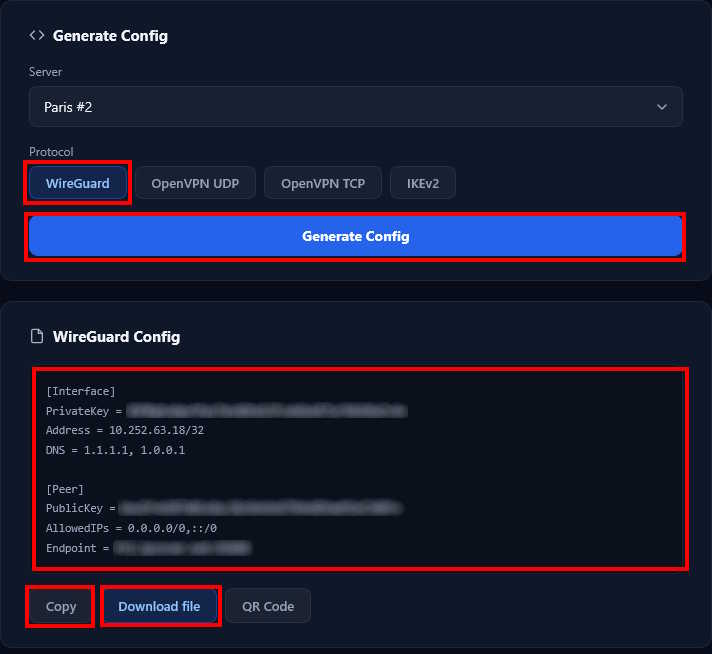 Ρυθμίσεις WireGuard® στο dashboard K1VPN - COPY ή DOWNLOAD