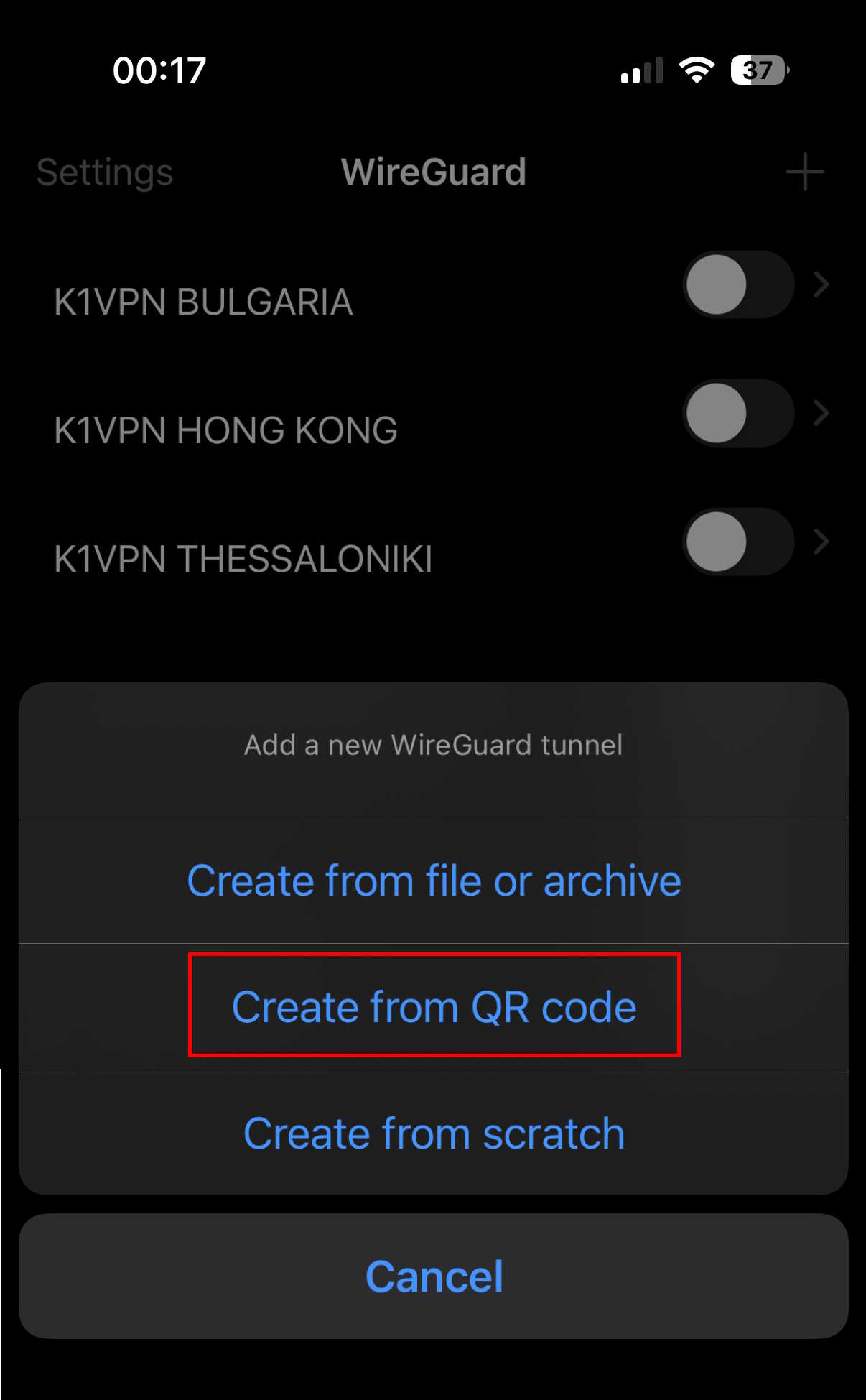 Εφαρμογή WireGuard® - επιλογή Create from QR code