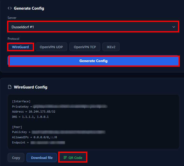 Επιλογή πρωτοκόλλου WireGuard® και δημιουργία QR Code στο dashboard K1VPN