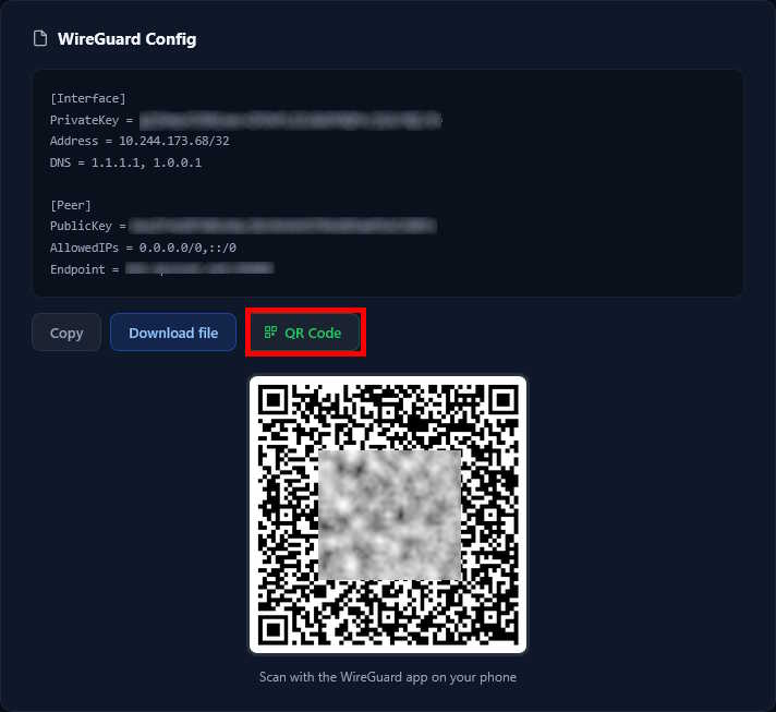 QR Code σύνδεσης WireGuard® στο dashboard K1VPN